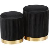 Marla Nesting Pleated Ottoman Set in Black Velvet & Gold Metal